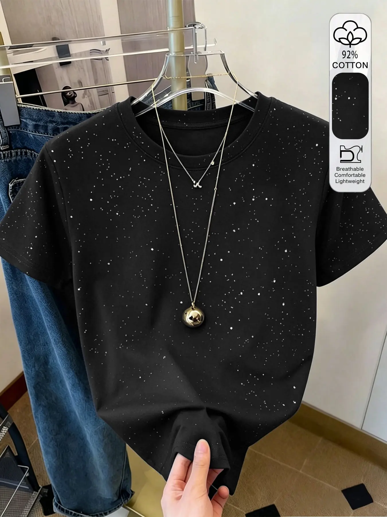 Women's Starry Night Glitter Round Neck Half Sleeve T-Shirt, Casual Daily Wear, Four Seasons Fashion, Loose Fit, Oversize, Retro Style, Tops