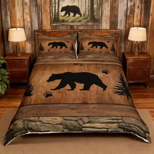 Rustic Bear Duvet Cover Set,Wildlife Hunting Theme Comforter Cover,Wild Animal Bedding Set for Kids Boys Teens,Wooden Board Bedspread Cover,No Comforter
