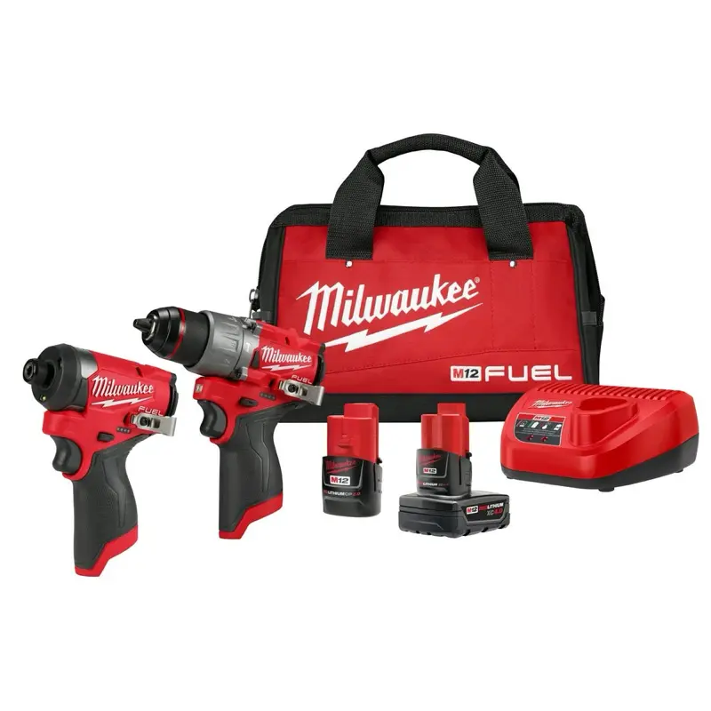 Milwaukee M12 FUEL 12V Lithium-Ion Brushless Cordless 2-Tool Combo Kit - Hammer Drill, Impact Driver, 2 Batteries, and Carry Bag