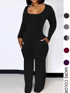 Women's Sexy Fitted Long Sleeve Jumpsuit, Plain Pattern, All Seasons Fashion, Low Neck Pocket Design, European & American Style