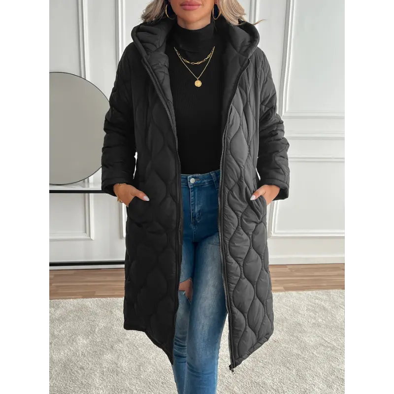 Elegant Long Hooded Winter Coat for Women - Warm Quilted Puffer Jacket with Zip Detail, Machine Washable