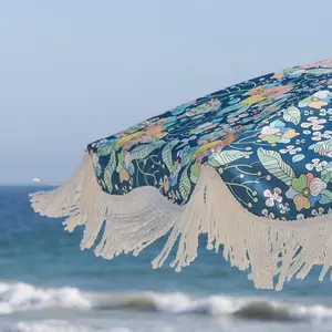 Beach Umbrella with Fringe, 6.5ft Boho Umbrella with Premium Wood Pole & Carry Bag, UPF 50+ Protection for Outdoor Holiday, Flowers