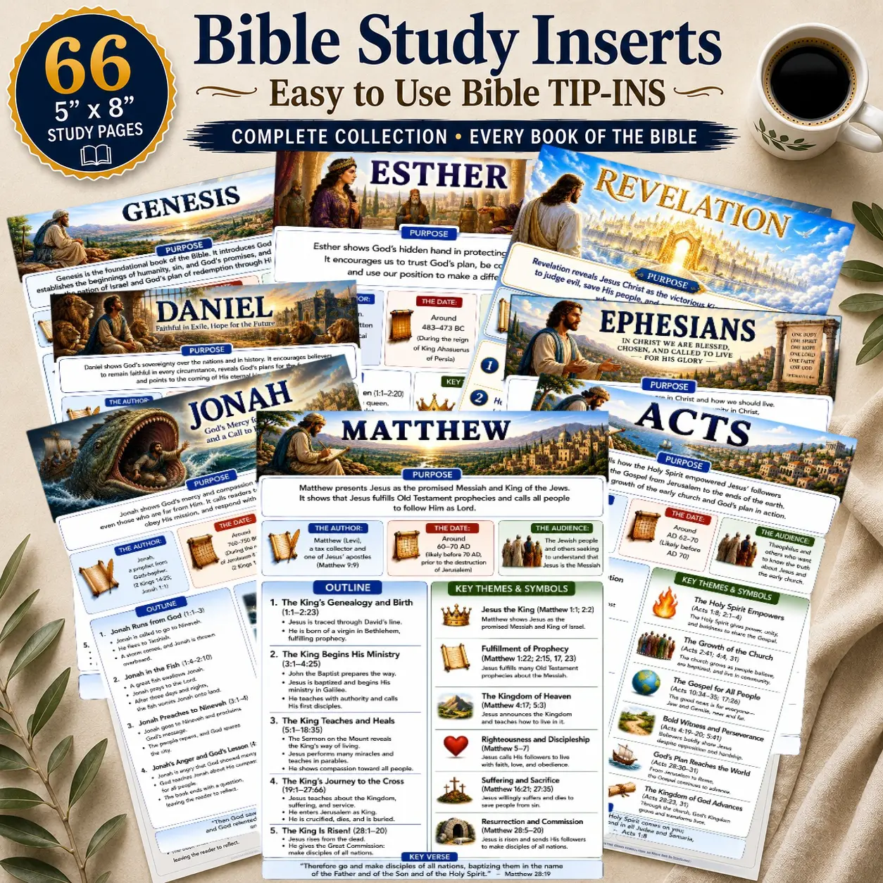 66 Books of the Bible Study Inserts with Bookmark | Printed 5x8 Bible Study Tip Ins | Bible Journaling | Create a Loaded Bible | Christian Gift