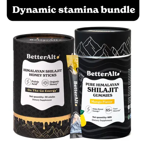 Dynamic Stamina Duo | BetterAlt GOLD+ Shilajit Honey Sticks + BetterAlt Pure Shilajit Mango Gummies | 30 Sticks and 60 Gummies
