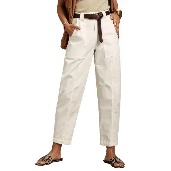 Flamingals Solid Seam Front Patch Pocket High Rise Crop Tapered Pants Without Belt Womenswear Stretchy 25.2" Inseam