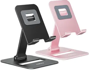 2 Pack Dual Folding Cell Phone Stand, Fully Adjustable Phone Holder for Desk, Compatible with iPhone 17 16 15 14 13 12 11, Nintendo Switch, All Phones, Black & Rose Gold