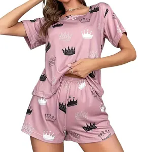 Women S 2 Piece Pajama Set with Cute Heart Print Short Sleeves Top and Cozy Elastic Waistband Shorts for Comfortable Lounging NONE