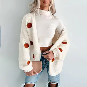 Halloween Women's Harvest Sweater Cardigan Long Sleeve V-neck Pumpkin Embroidery Sweater