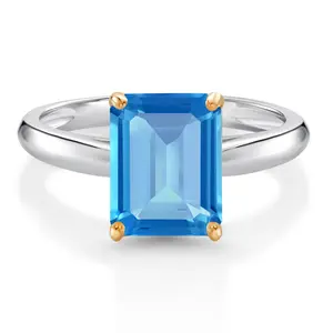 925 Silver and 10K Yellow Gold 9X7MM Emerald Cut Gemstone Birthstone Engagement Ring | Wedding Anniversary Promise Ring For Women | Available In Size 5, 6, 7, 8, 9