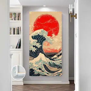 The Great Wave off Kanagawa Canvas Wall Art - Japanese Edo period woodblock print, red sun and blue waves pattern, modern home decor, suitable for living room, bedroom or office, beautiful room decoration
