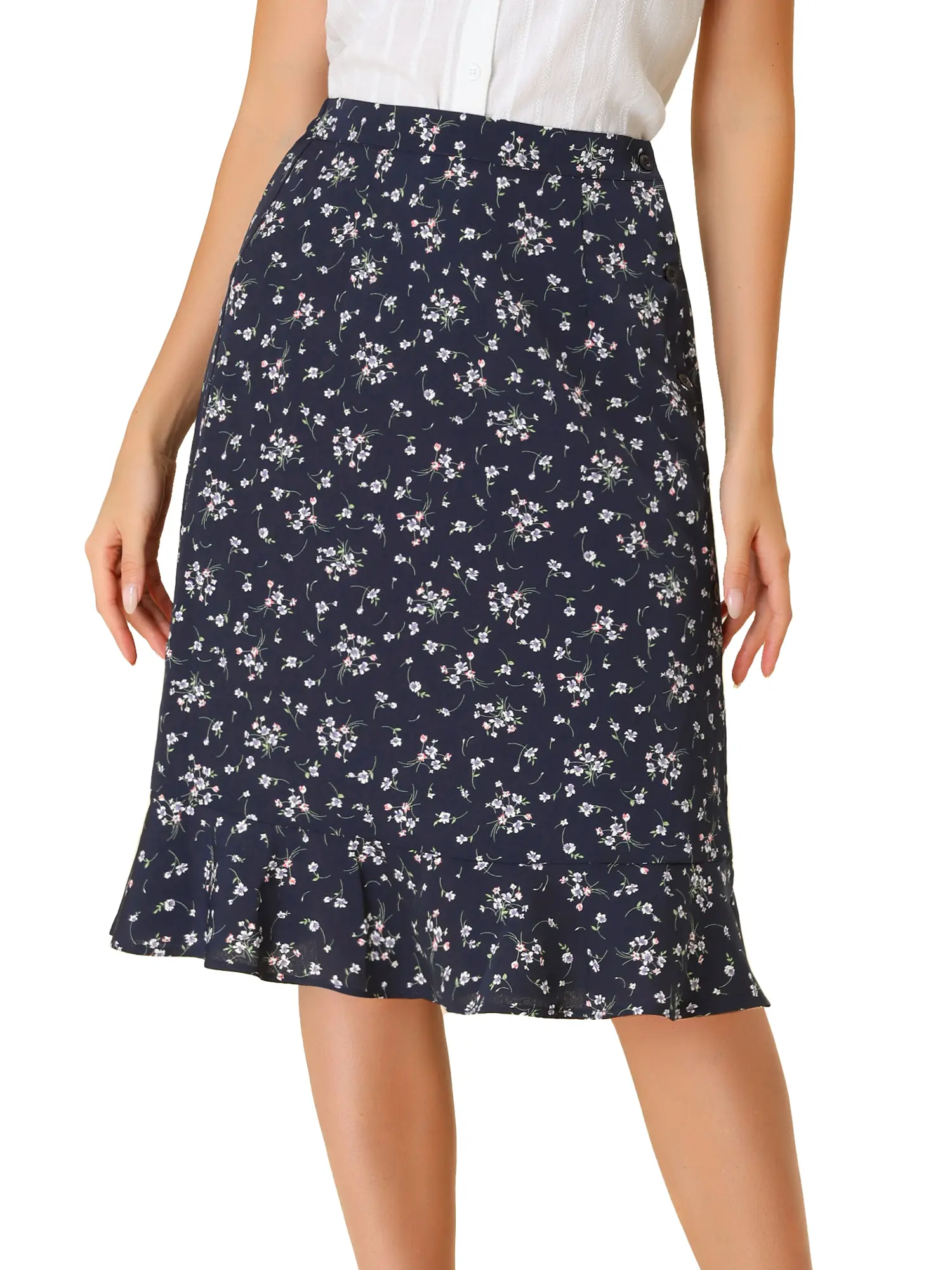 INSPIRE CHIC Floral Skirts Ruffle Elastic High Waist Button Flowy Split Midi Skirt