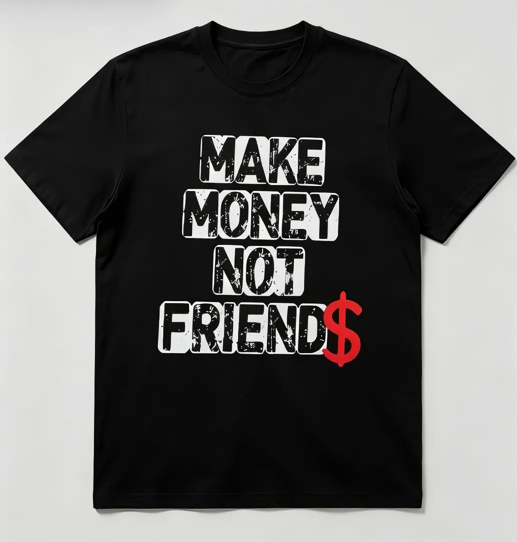 Women's Casual Cotton T-Shirt - Distressed "Make Money Not Friends" Slogan, Red Dollar Symbol, Unisex Streetwear Top Fashion Menswear