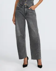 Express Mid Rise Washed Black Raw Hem Barrel Jeans