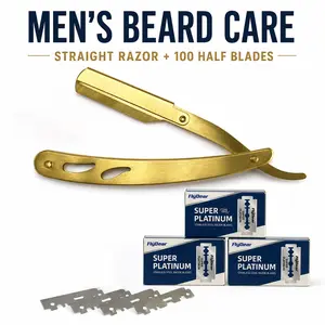 Straight Golden Razors for Men - Professional Barber Straight Edge Razor Kit with 100 Blades, Stainless Steel Barbero Shaver for a Smooth & Precise Shave, Premium Barber Razor for Men's Shaving easy replacement head body sharp handheld razor blade