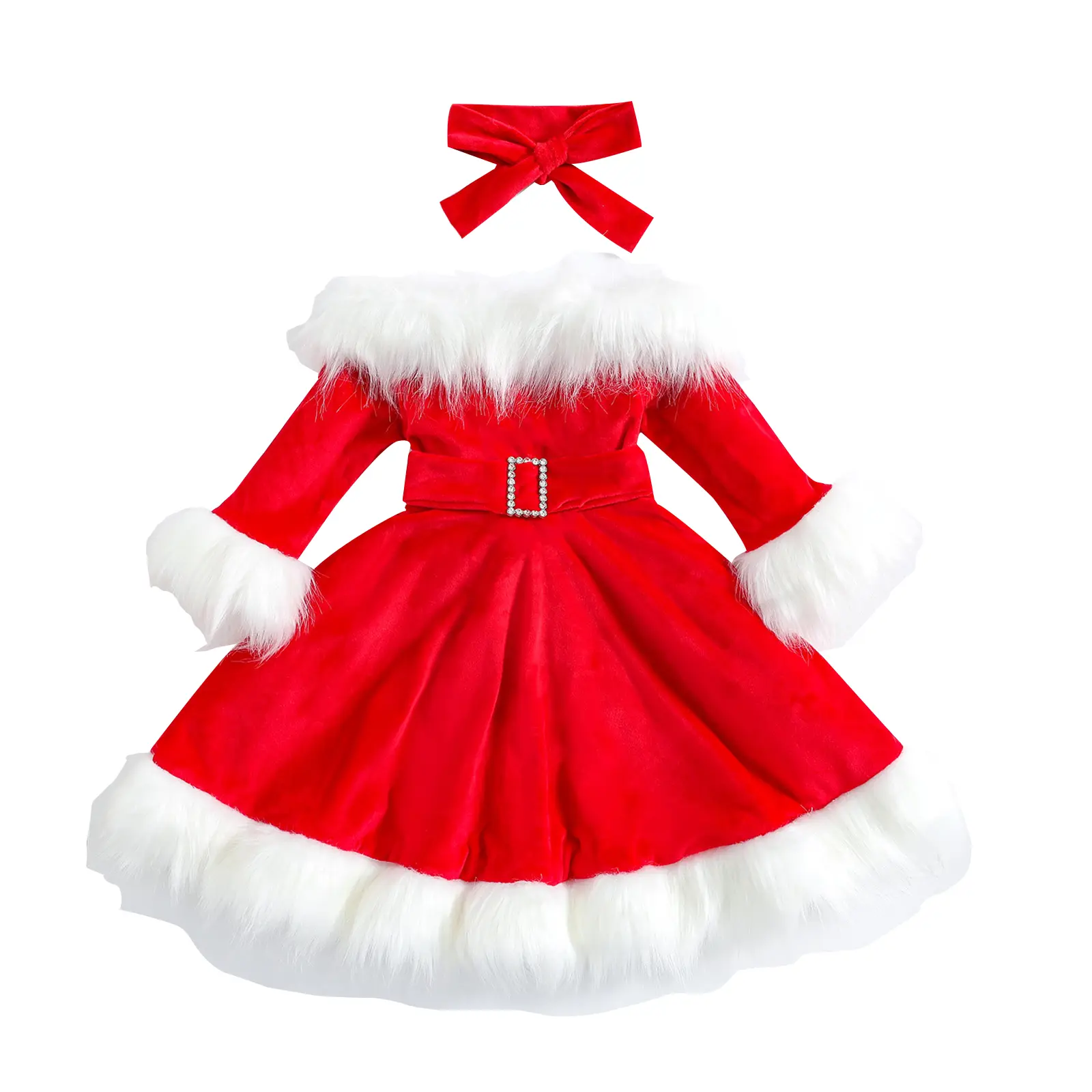 Toddler Girls Christmas Dress Santa Claus Outfit Red Long Sleeve Princess Plush Trim Dress Velvet Xmas Party Dress