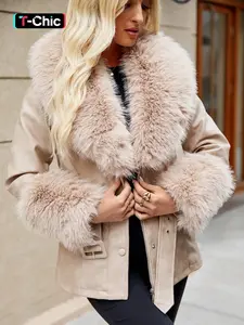 Women's Fall Winter PU Jacket, Vintage Casual Elegant Outerwear, Fitted Style with Belt, Synthetic Faux Fur Detail, Daily Wear Everyday Coat