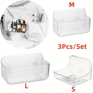 3 Pc Acrylic Wall Mount Organizer, Adhesive Clear Shower Caddies,Acrylic Soap Basket for wall,No Drilling Hang Walls,with Self Adhesive Tape, for Bathroom, Kitchen, Living Room