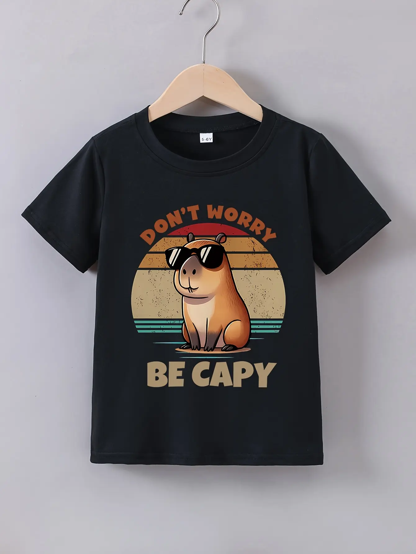 Toddler Boys' Capybara Cotton Toddler Tee - Funny "Don't Worry Be Capy" Slogan, Retro Vintage Sunglasses Cartoon Print, Animal-Themed Fitted Kids' Top