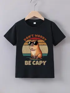 Capybara Kids Cotton T-Shirt, Funny Fitted Graphic Tee with "Don't Worry Be Capy" Slogan and Retro Vintage Sunglasses Graphic Print, Retro Vibe Top for Toddlers