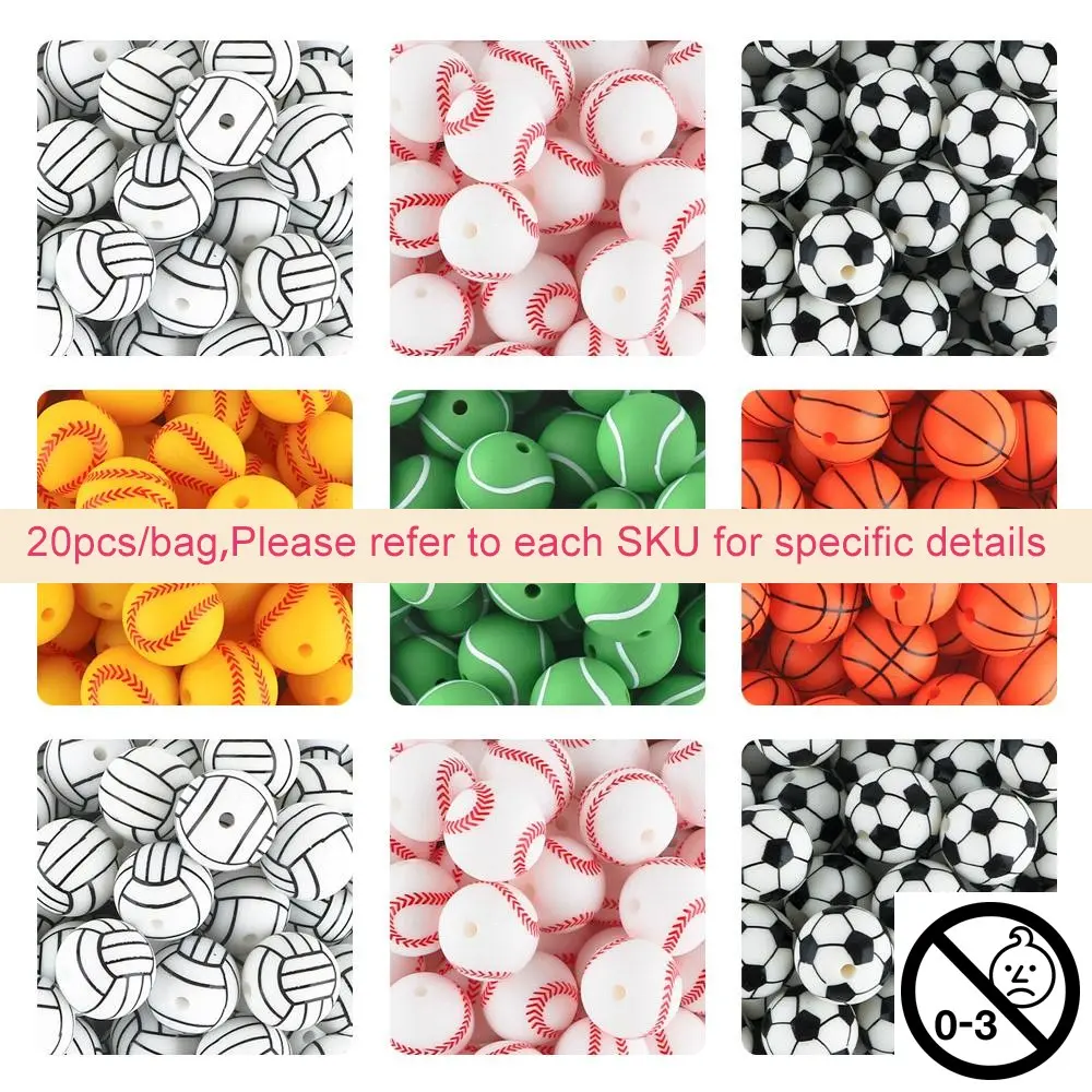 Sports Themed Silicone Beads, Fun Beads, 20pcs Round Baseball & Softball & Basketball & Volleyball & Tennis Beads, DIY Jewelry Making Supplies, DIY Beading Accessories for Bracelet & Necklace, Bead Set, Bead Assortment, Beads for Bracelets