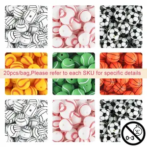 Sports Themed Silicone Beads, 20pcs Round Baseball & Softball & Basketball & Volleyball & Tennis Beads, DIY Jewelry Making Supplies, DIY Beading Accessories for Bracelet & Necklace, Bead Set, Bead Assortment