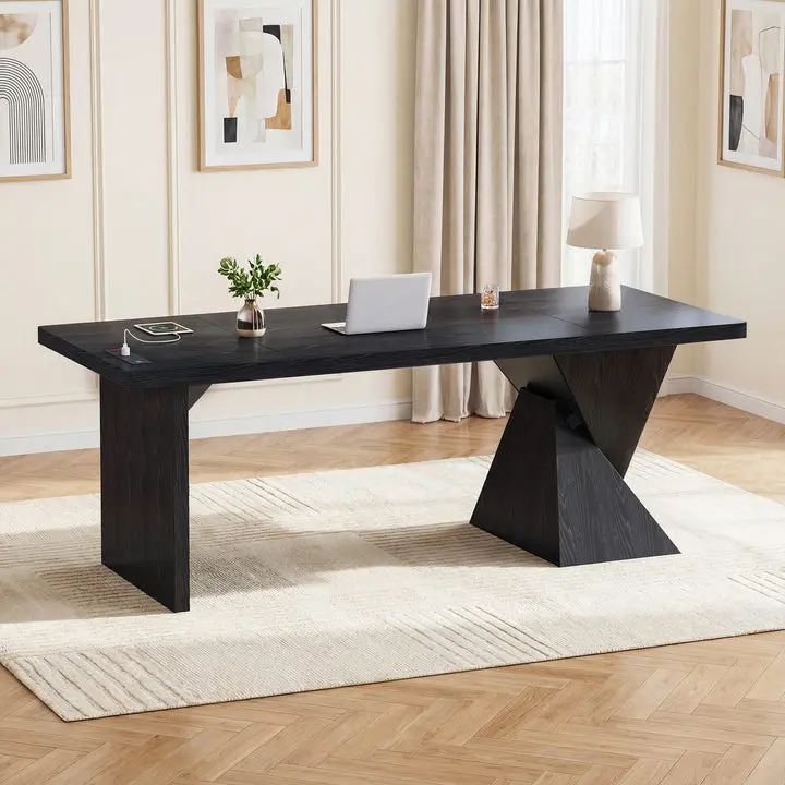 SIKAIC Modern Executive Computer Desk - 27.6"d x 70.9"w x 29.5"h, Black Home Office Desk with Built-In Power Outlet, Large Work Surface, Assembly Required
