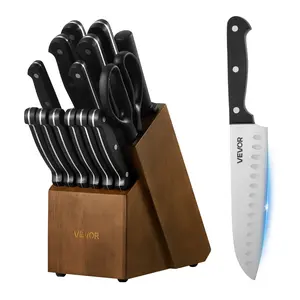 VEVOR Kitchen Knife Set with Block and Sharpener, 15 Piece German High Carbon Stainless Steel Knife Set, Kitchen Cutlery with ABS Ergonomic Handle, Sharpening Rod and Wooden Block, for Home Cooks
