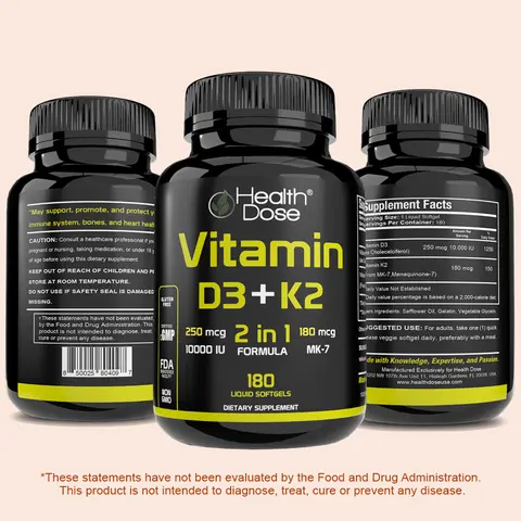 Health Dose Vitamin D3+K2 MK7 180 Liquid Softgels Supports Bone Health Immune Function, Overall Wellness, Supplements for Men & Women, Made with Care. Fitness Dietary