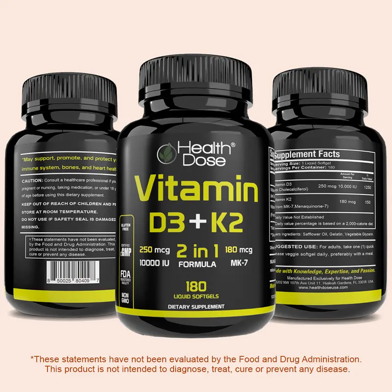 Health Dose Vitamin D3+K2 MK7 180 Liquid Softgels Supports Bone Health Immune Function, Overall Wellness, Supplements for Men & Women, Made with Care. Fitness Dietary