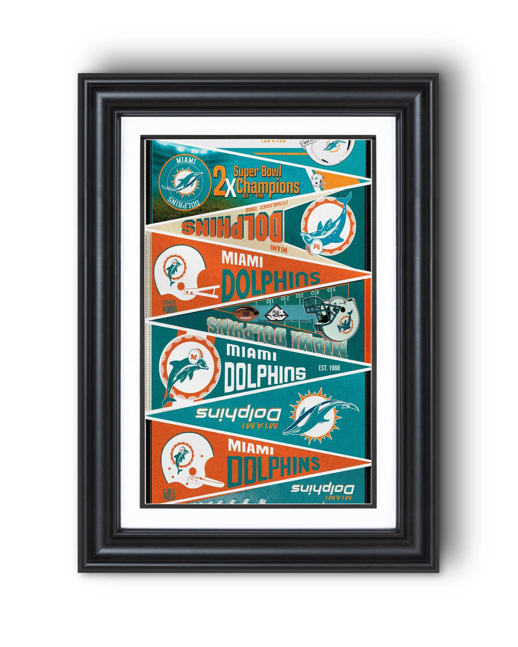Miami Dolphins, Vintage And Modern Championship Pennants, Classic Football Wall Art