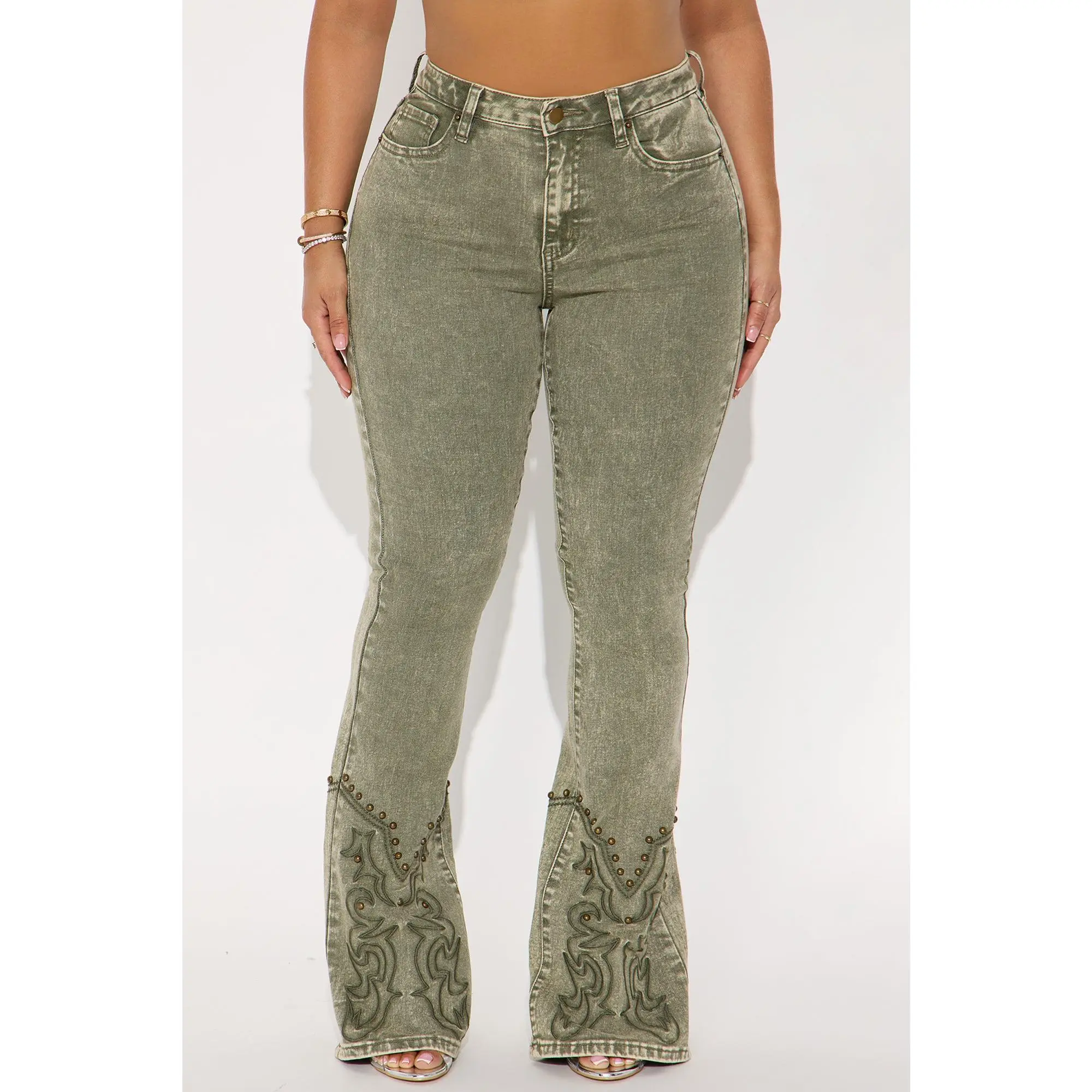 Letting It Ride Stretch Embellished Flare Jeans - Olive