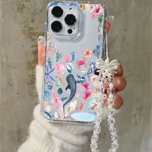 3D Ocean Life Phone Case with Whale, Seashells & Flowers Shockproof Scratch-resistant Cover with Bow Charm Strap Compatible iPhone 11/12/13/14/15/16 Pro Max/Pro Plus