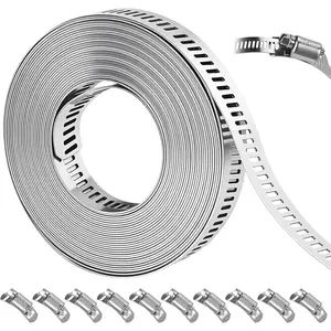 16 FT DIY Hose Clamps Assortment Kit,304 Stainless Steel Hose Clamps,Worm Gear Duct Pipe Hose, 16 FT Metal Strap+10 Stronger Fasteners,Large Adjustable Worm Gear Band Hose Clamps.