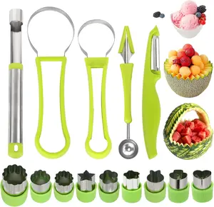 1 Set Fruit Carving Tools Set, 4-in-1 Fruit Cutter Shapes, Stainless Steel Slicer, Melon Baller, Seed Remover, Peeler, Kitchen Gadgets for Easy Fruit Preparation and Perfectly Shaped Fruit