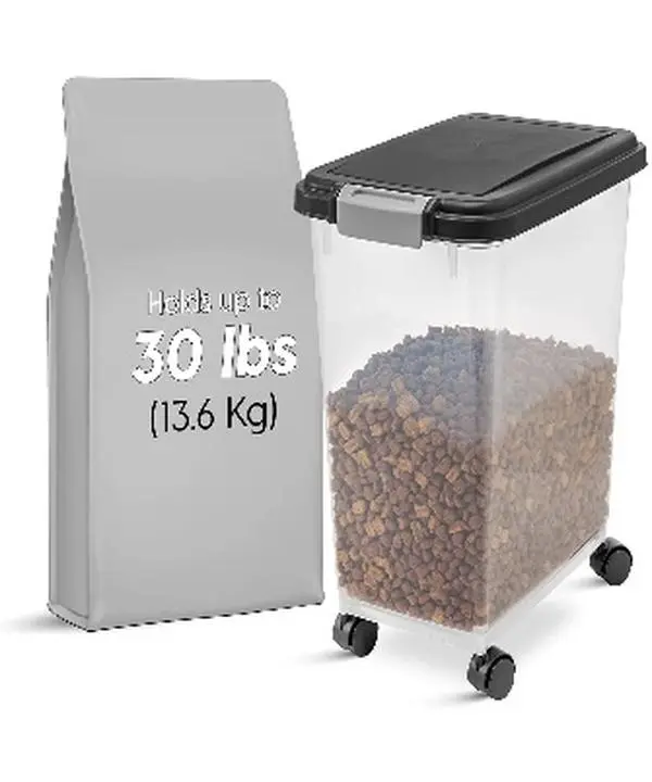 Airtight Dog Food Storage Container, Up to 30 lbs, Attachable Wheels, for Dog Cat Bird and other Pet Food Storage Bin, Keep Fresh, Easy Mobility, BPA Free, Black