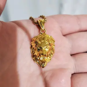 18K Gold plated Lion's Head Pendant with rope chain