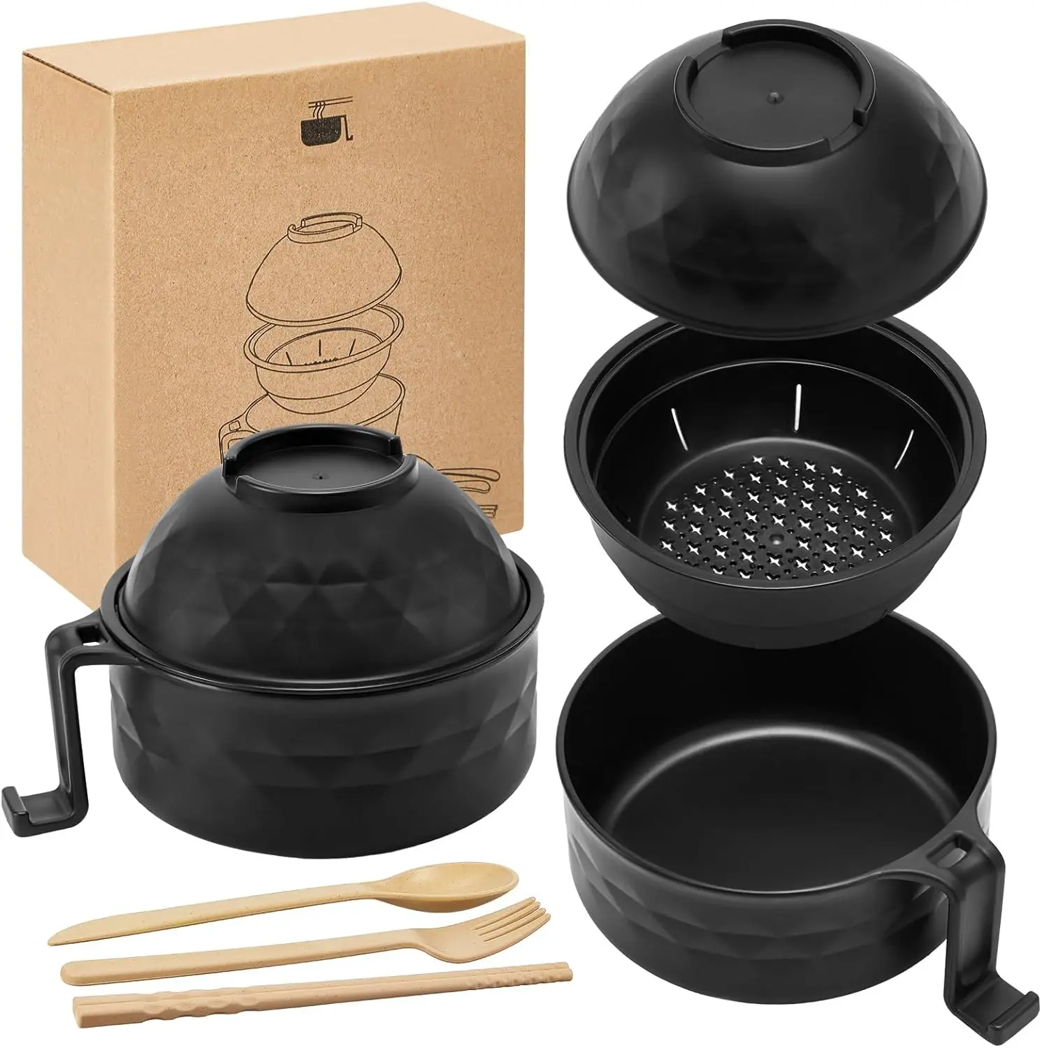 6-Set Microwave-Safe Ramen Bowl Containers with Ergonomic Handles, Cutlery Set (Spoon, Fork, Chopsticks) - Kitchen Tableware for Noodles, Soups - Ideal for Dormitories, Households