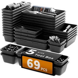 5 Sizes Tool Drawer Organizer - 69 PCS Tray, Desk Drawer & Rolling Tool Chest Organizer (Black)