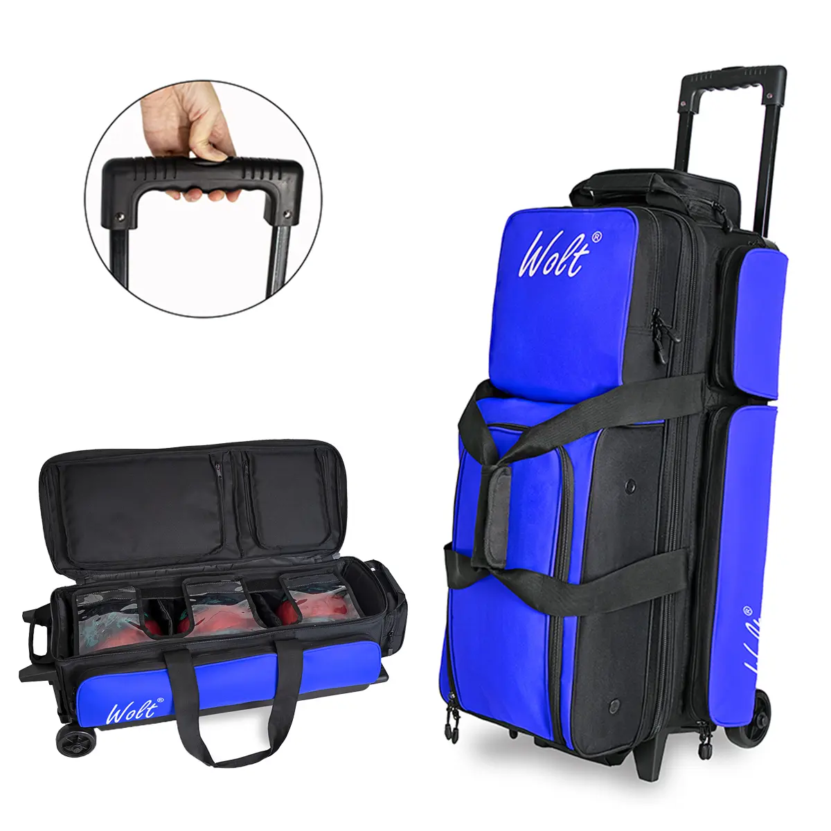 WOLT Wheeled 3-Ball Bowling Bag, 38 in Retractable Handle, Separate Shoe Compartment, Ultra-Large Capacity, Durable Polyester Oxford Fabric, Padded Divider, Wide Rubber Wheel Base, 38 Inches