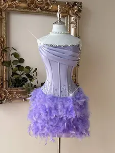 Lovelzi Elegant, Glamorous, And Stylish, This Light Purple Luxury Satin Dress Features Lace, Rhinestone And Feather Embellishments, A Sailboat Tie Detail, Multiple Boning Stitching, A Fitted Silhouette, And A Back Tie Detail. Perfect For Dates, Parties, B