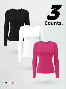Women's Seamless Knit Long Sleeve Yoga Top, Compression Sports Top, Fitness Clothes Tops, Soft Nylon Fabric, Sporty Style, Fall & Winter Wear, Casual Loose Fit, 3 Piece Set