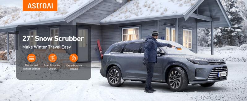 AstroAI 27" Snow Brush and Detachable Ice Scraper with Ergonomic Foam Grip for Cars, Trucks, SUVs (Heavy Duty ABS, PVC Brush, Orange)