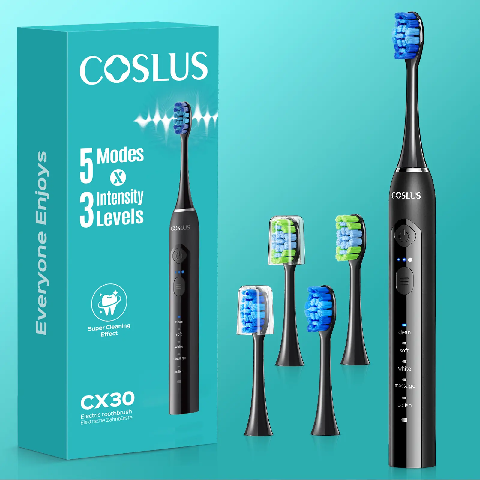 COSLUS C30 Sonic Electric Toothbrush, Brightening Teeth Cleaner & Plaque Remover with 5 Modes, 3 Intensities, 4 Heads & Fast Charging for Sensitive Teeth, Cleansing