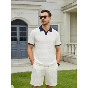 Men’s Versatile Embossed Knit Matching Set, Textured Pattern Polo Shirt and Shorts for Daily Streetwear & Smart Casual Wear