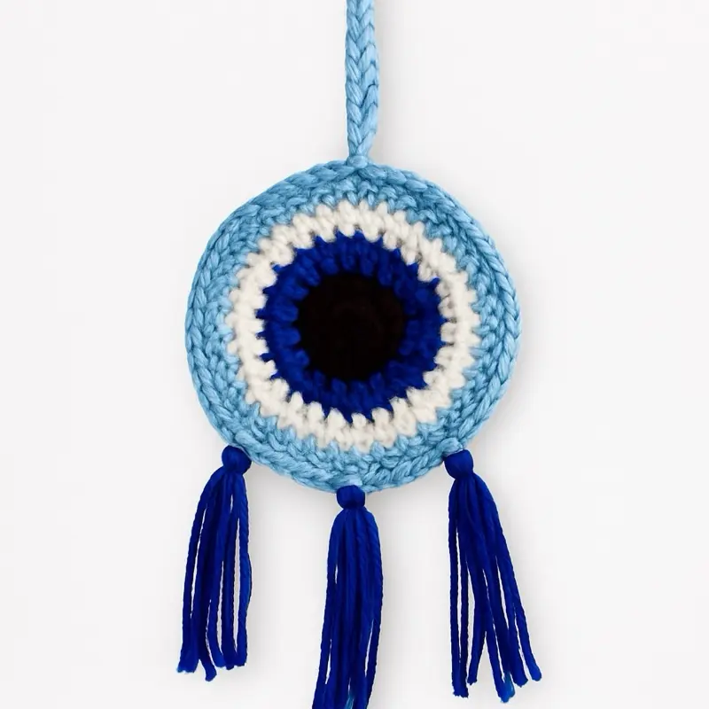 Crochet Evil Eye Dream Catcher Spiritual Charm for Protection with Blue Tassels and Eye Design