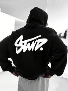 Men's STWD Graphic Oversized Hoodie, Streetwear Hip Hop Black Pullover Hooded Sweatshirt, Casual Fashion Long Sleeve Top for Men
