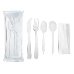 White Plastic Cutlery Set with Napkin - Fork, Soup Spoon, Knife, Teaspoon, Napkin