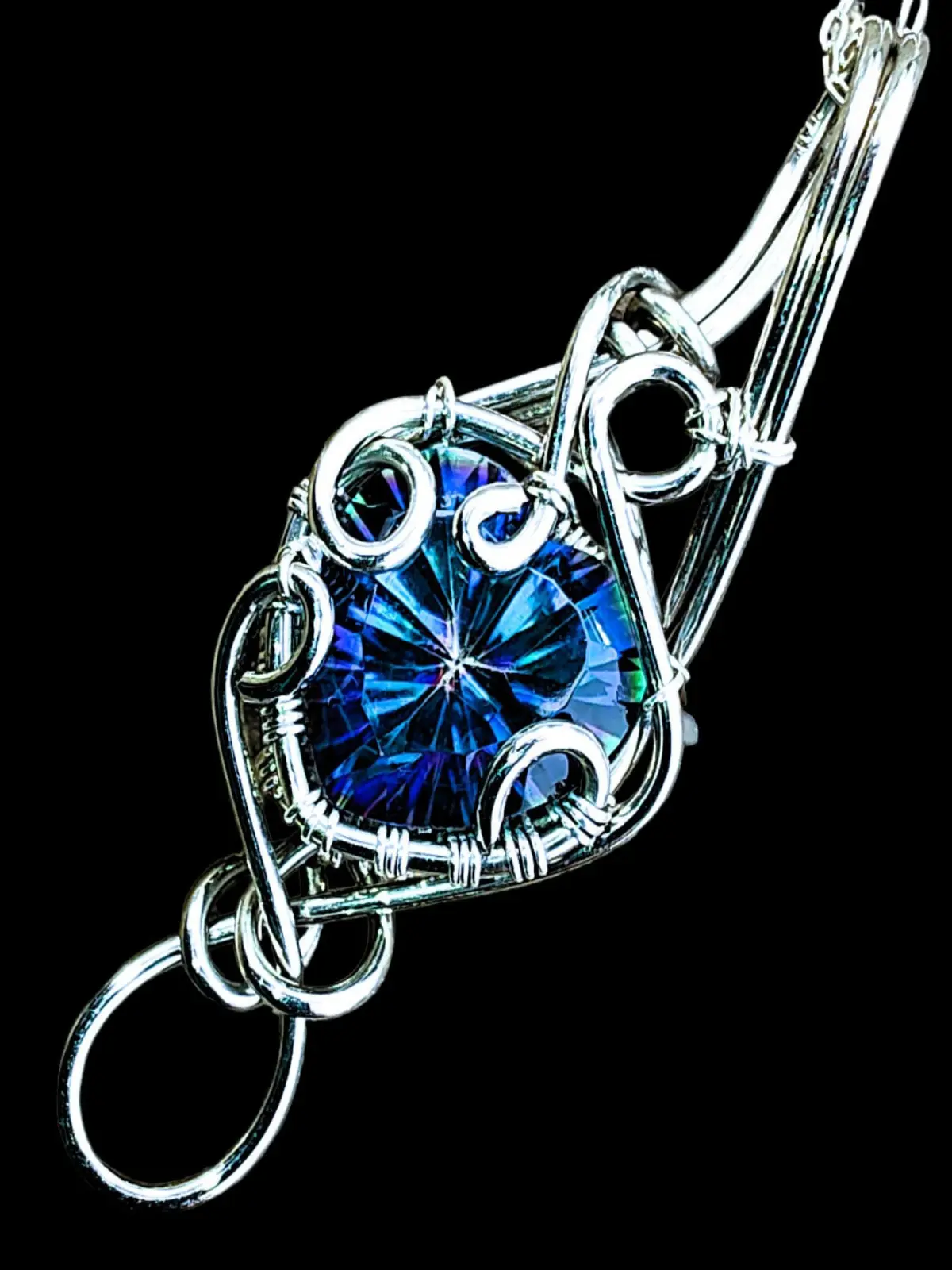 5.5 Carat Concave Heart Blue Mystic Aura Titanium Quartz Elven Elvish Victorian Fantasy Wire Wrapped Gemstone Pendant Necklace Amulet