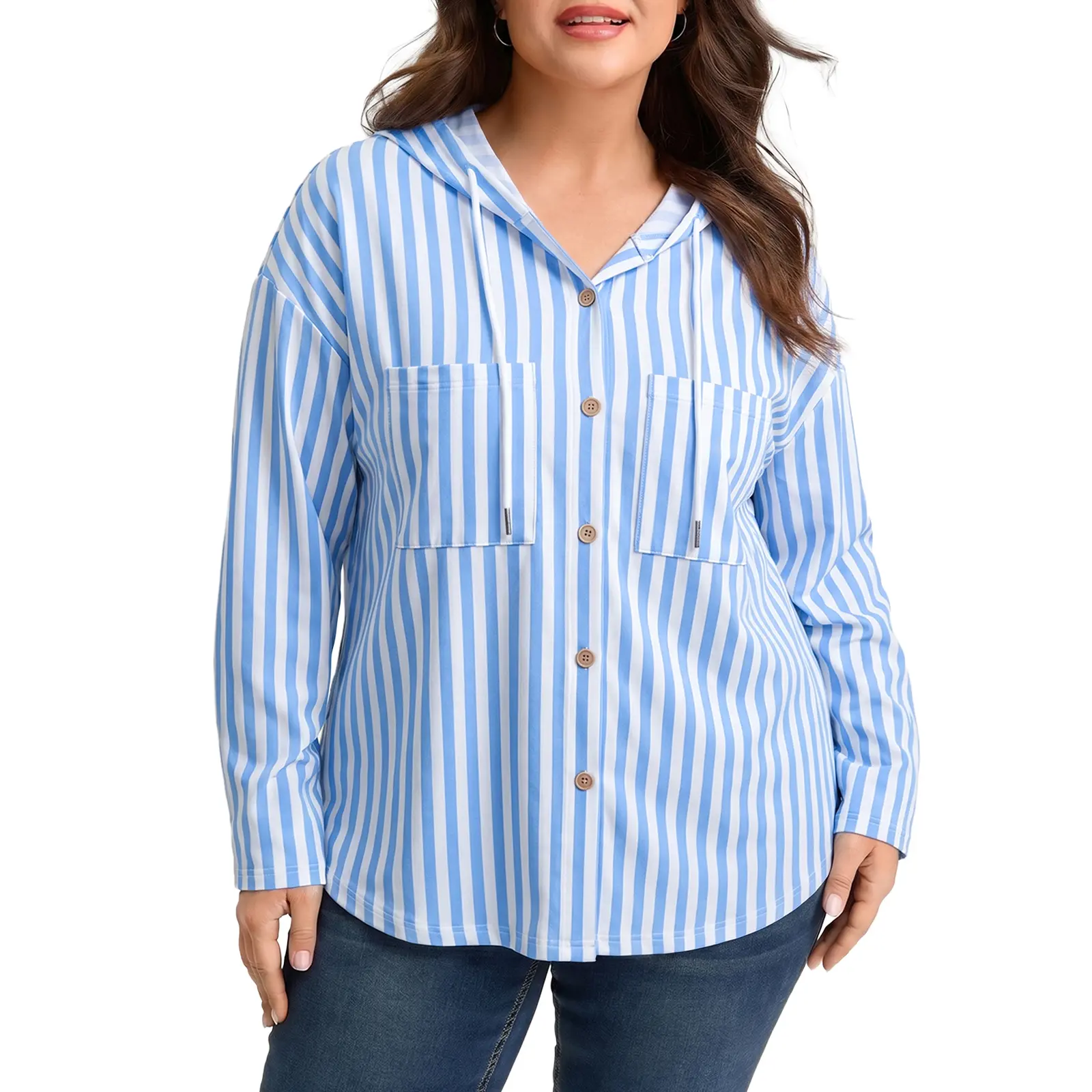 Eytino Womens Plus Size Stripe Button Front Patched Chest Pocket Long Sleeve Drawstring Hooded Top 2026 Fall Casual Hoodie (1X-5X)