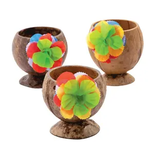 4 1/2" Decorative Natural Coconut Cups with Flower  - 12 Ct.
